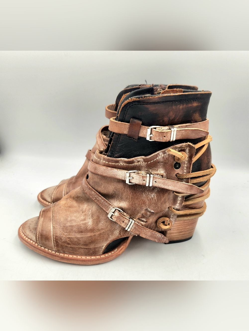 Freebird Carter Stack Heel Ankle Boot Brown Strappy Boho Womens 10 Buckle Straps - Picture 5 of 14